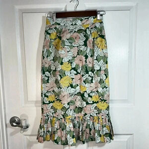 TiMo XS NWT retail $277 Festive Skirt floral green yellow Saks cotton ruffle hem